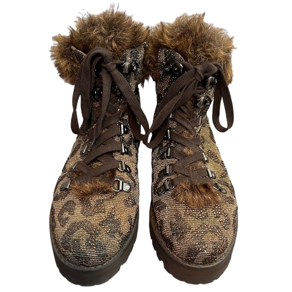 Jessica Simpson Norina Leopard Gem Faux Fur Hiking Boots Lace up Booties Sparkle - Picture 2 of 5
